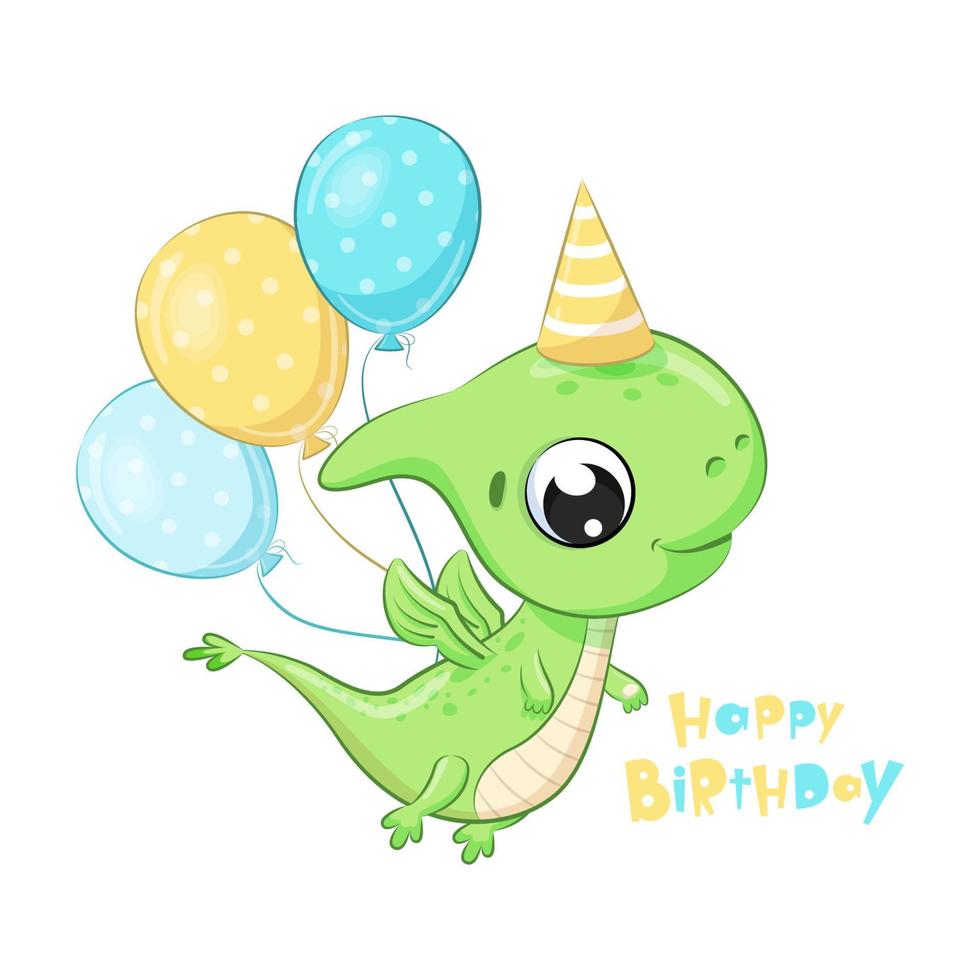 söt dinosaurie med ballonger. grattis på födelsedagen clipart. vektor