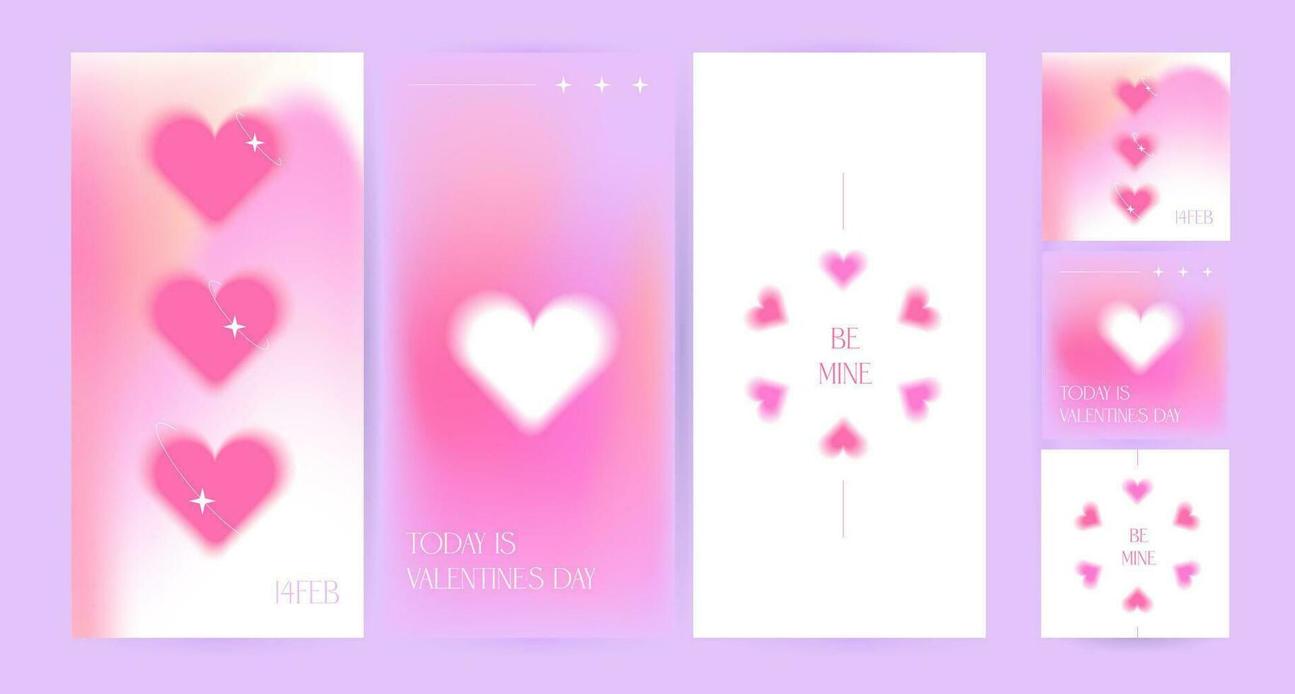 Lycklig hjärtans dag fyrkant och vertikal hälsning kort uppsättning. trendig gradienter, suddig hjärta former, typografi i y2k stil. social media berättelser mallar. vektor illustration för mobil appar, Lägg till
