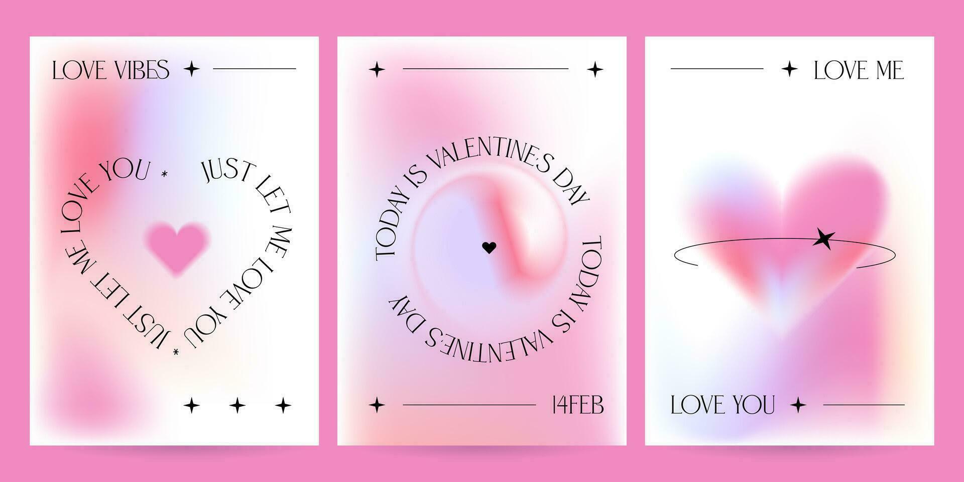 einstellen von modern a4 Größe Plakate mit Valentinstag Tag. modisch Steigungen, verschwommen Herz Formen, elegant Typografie. Urlaub Verkauf Vorlagen. Vektor typografisch Abbildungen zum Handy, Mobiltelefon Apps, Gruß Karte.