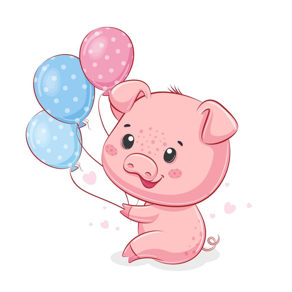 süßes Schweinchen mit Luftballons. Vektorillustration für Babyparty, Grußkarte, Partyeinladung, Modekleidung T-Shirt Druck. vektor