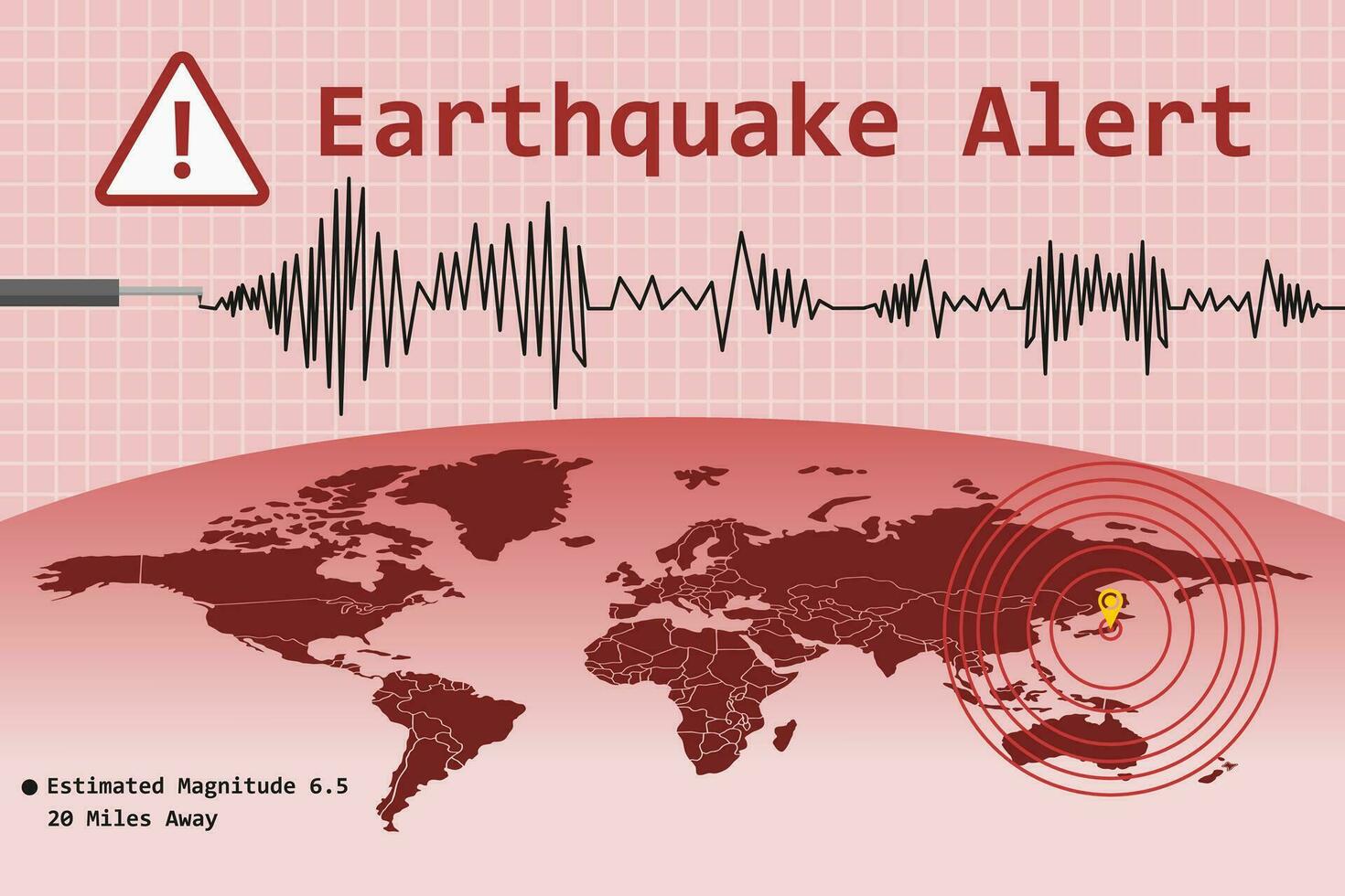 jordbävning varna begrepp med pulsering epicentrum plats mark och värld Karta. vektor illustration.