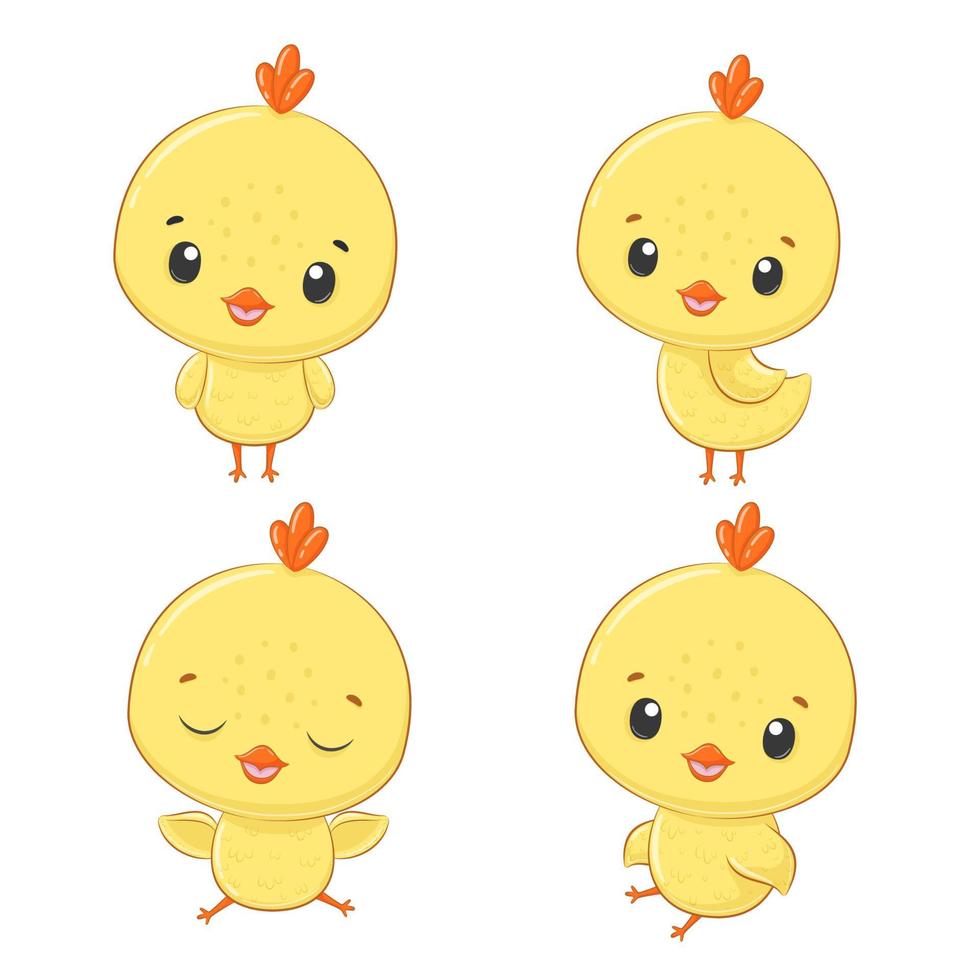 uppsättning fel söta gula kycklingar isolerade på en vit bakgrund. vektor
