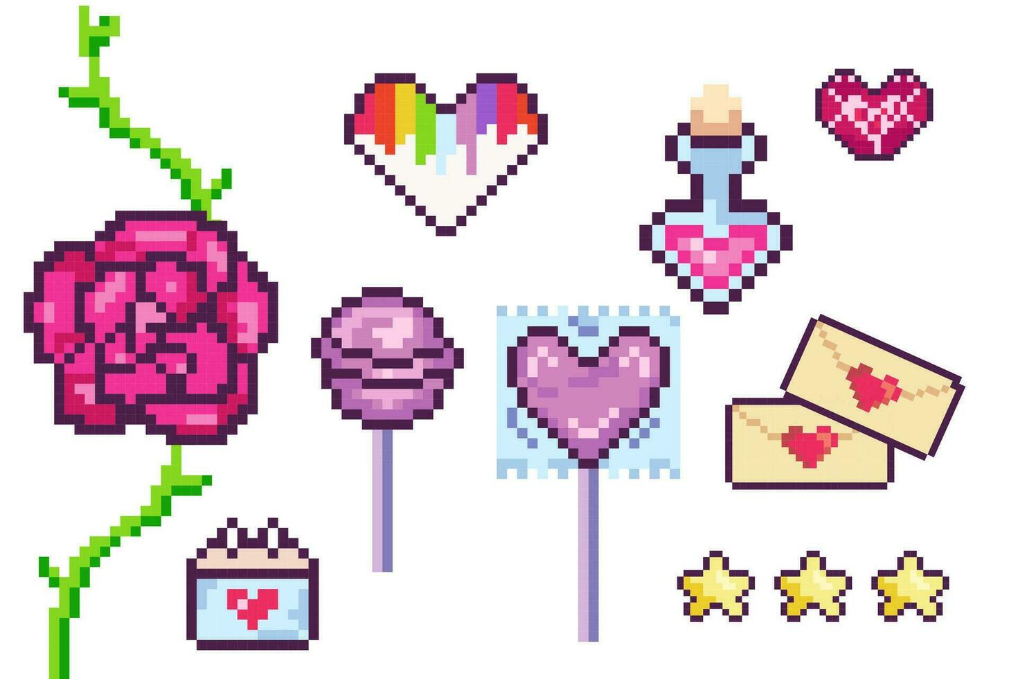 pixel uppsättning valentines dag, hjärtan, Chupa Chups, trolldryck, HBTQ, 8 bit, retro, y2k pixel ikon på vit bakgrund vektor