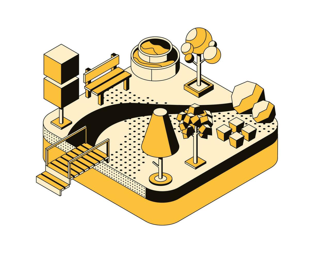 Landschaftsbau, ökologisch Park mit Brunnen, Brücke, Bäume und Bank. natürlich Landschaft, Umfeld. 3d planen von das botanisch Erholung Bereich, Wald mit ein Teich. Vektor linear isometrisch Illustration