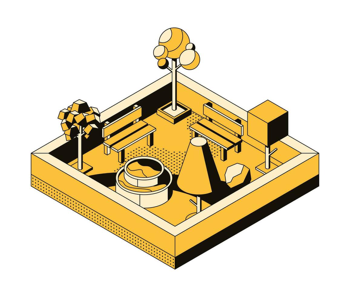 Landschaftsbau, ökologisch Park Konzept mit Brunnen, Bäume und Bank. natürlich Landschaft, Umfeld. 3d planen von das botanisch Erholung Bereich, Wald mit ein Teich. Vektor linear isometrisch Illustration