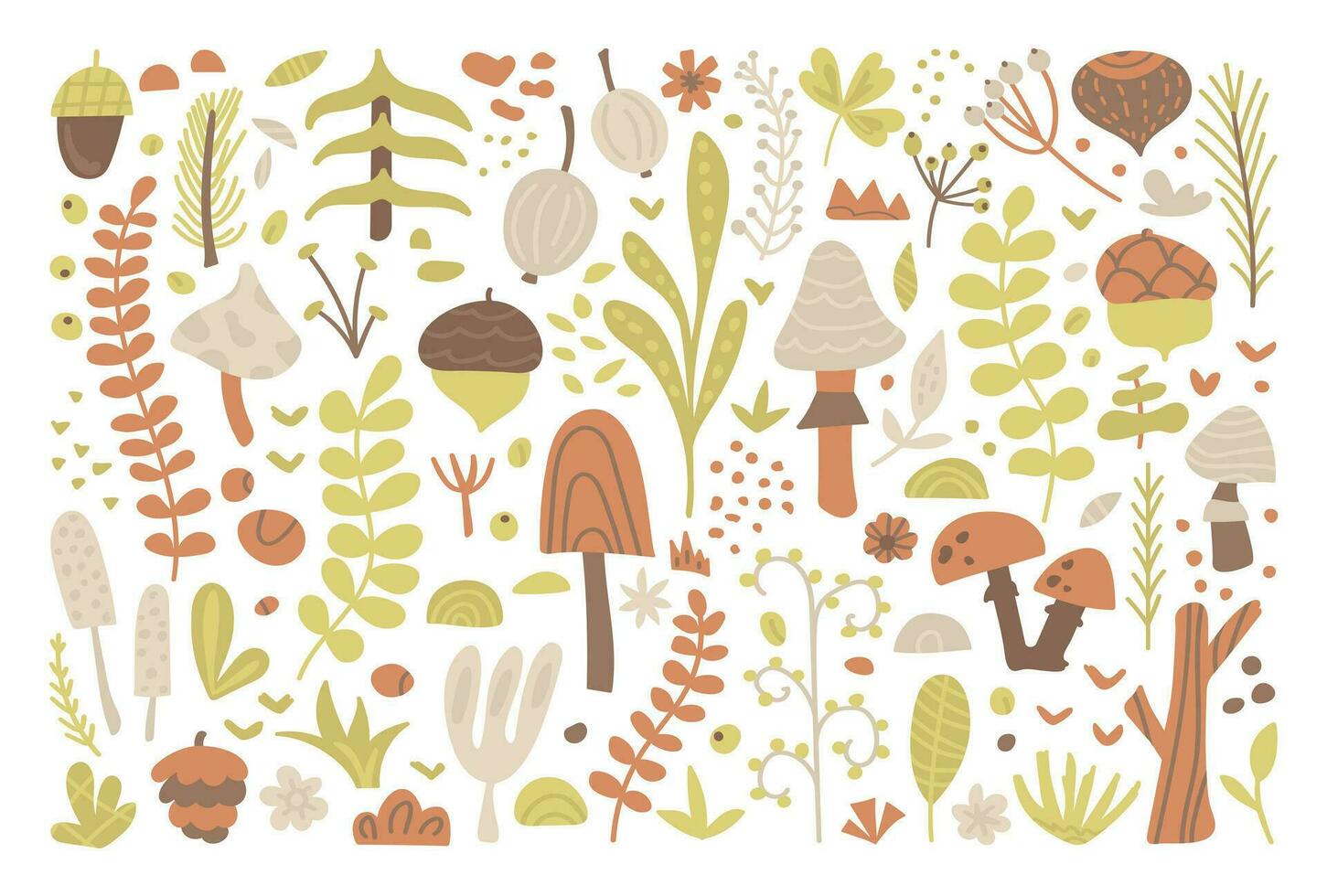 stock vektor grafik av skog örter, löv, bär, svamp, kvistar och ekollon. växter ClipArt, botanisk element uppsättning, natur. samling av platt hand dragen grenar, blommor av de parkera, säsong