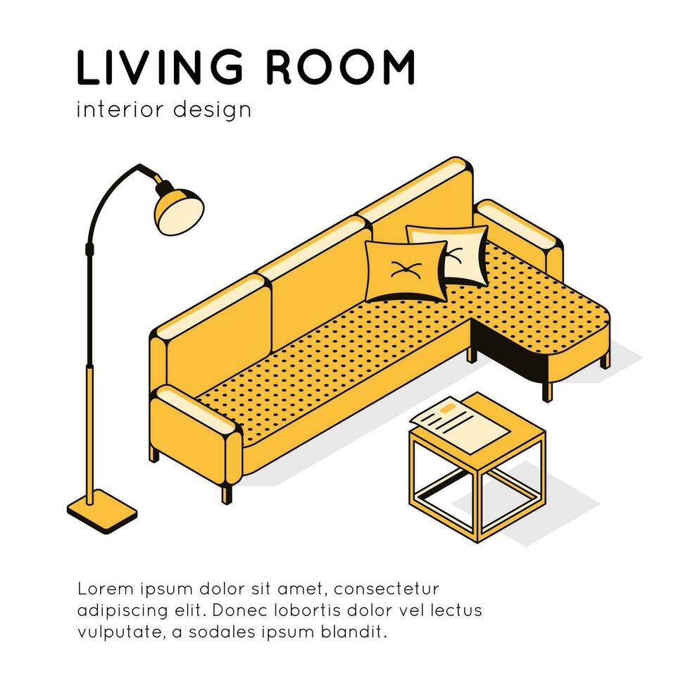 Leben Zimmer Innere Design, Vektor linear isometrisch Illustration. Vorlage zum Zimmer, heim, Hotel, echt Anwesen. Innen- Umfeld, Sofa, Möbel. Innere Werbung zum Webseite, Sozial Netzwerke