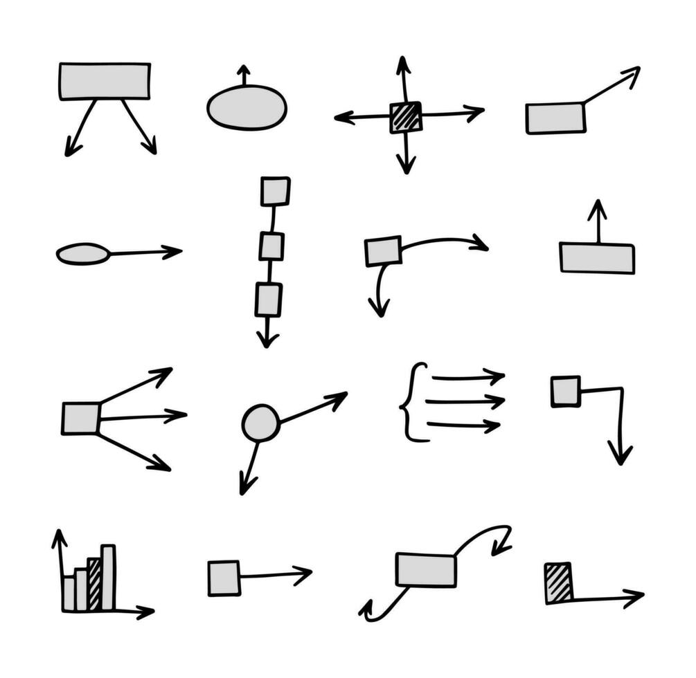 Vektor einstellen von Hand gezeichnet Diagramme mit Pfeile, Diagramme, planen. Sammlung von Infografik Elemente, Zeiger