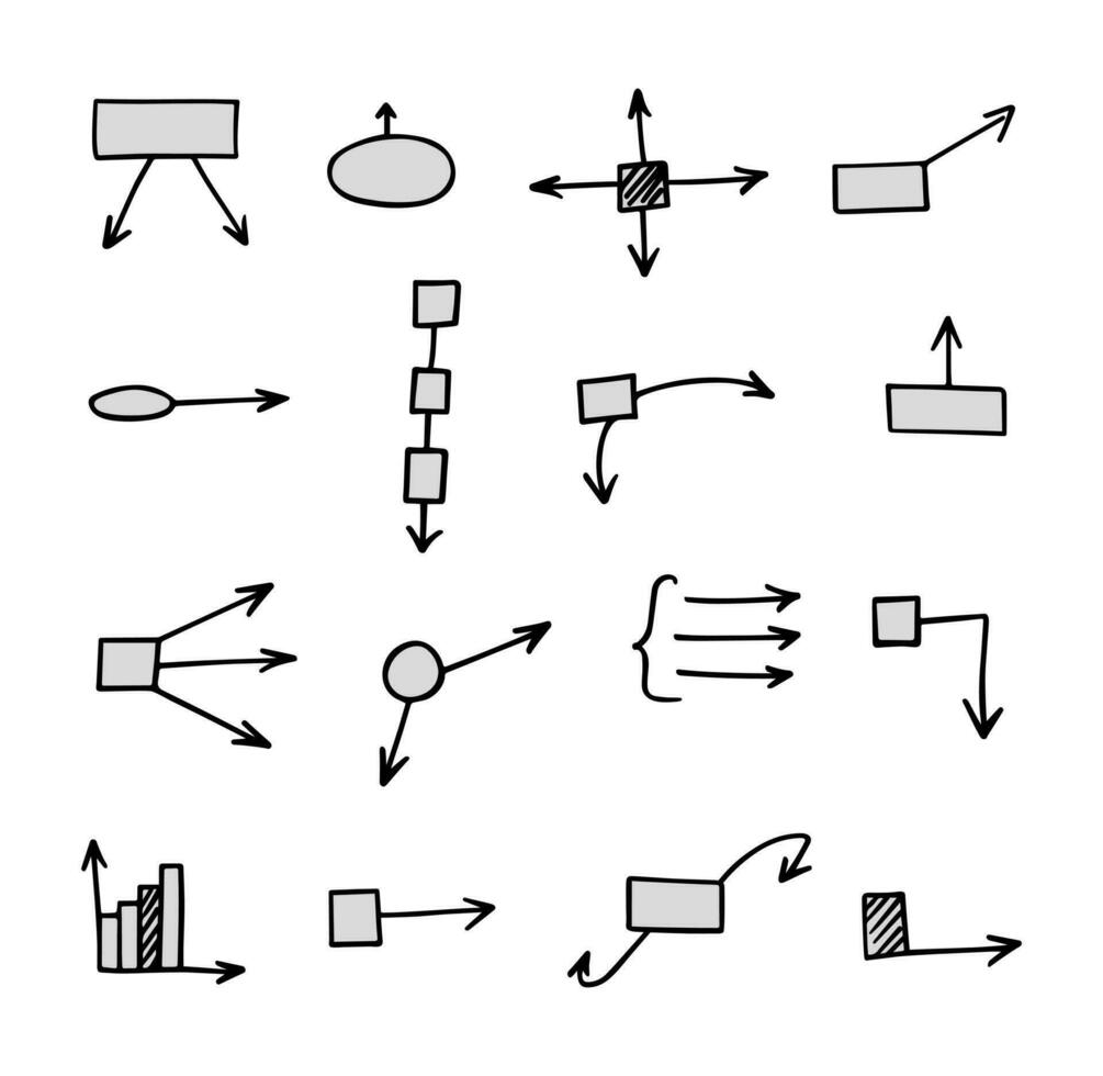 vektor uppsättning av hand dragen diagram med pilar, diagram, schema. samling av infographic element, pekare