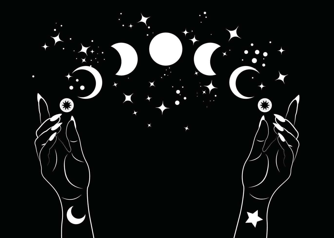 mystische Mondphasen und Frauenhände, dreifaches Mondsymbol der heidnischen Wicca-Göttin, esoterische Alchemie-Magie, heiliges Rad des Jahres, Vektor isoliert auf schwarzem Hintergrund