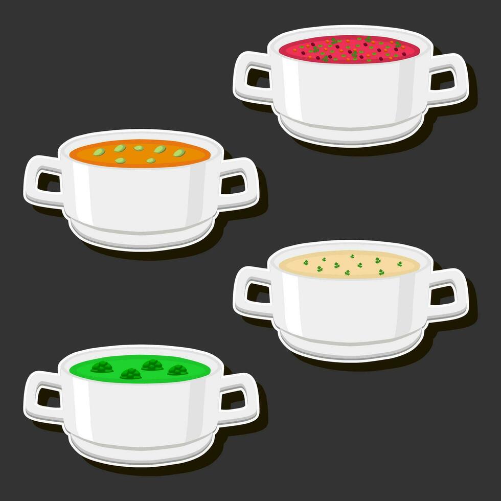 Illustration auf Thema groß einstellen verschiedene Typen schön lecker essbar heiß hausgemacht Suppen vektor