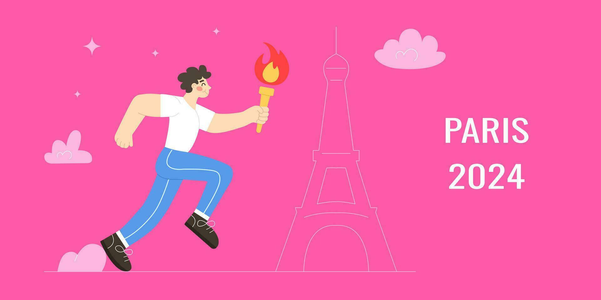 Banner Wettbewerb im Paris Frankreich 2024 ein Mann läuft ein Marathon- mit das Fackel gegen das Hintergrund von das Eiffel Turm. Vektor Illustration im modern eben Stil