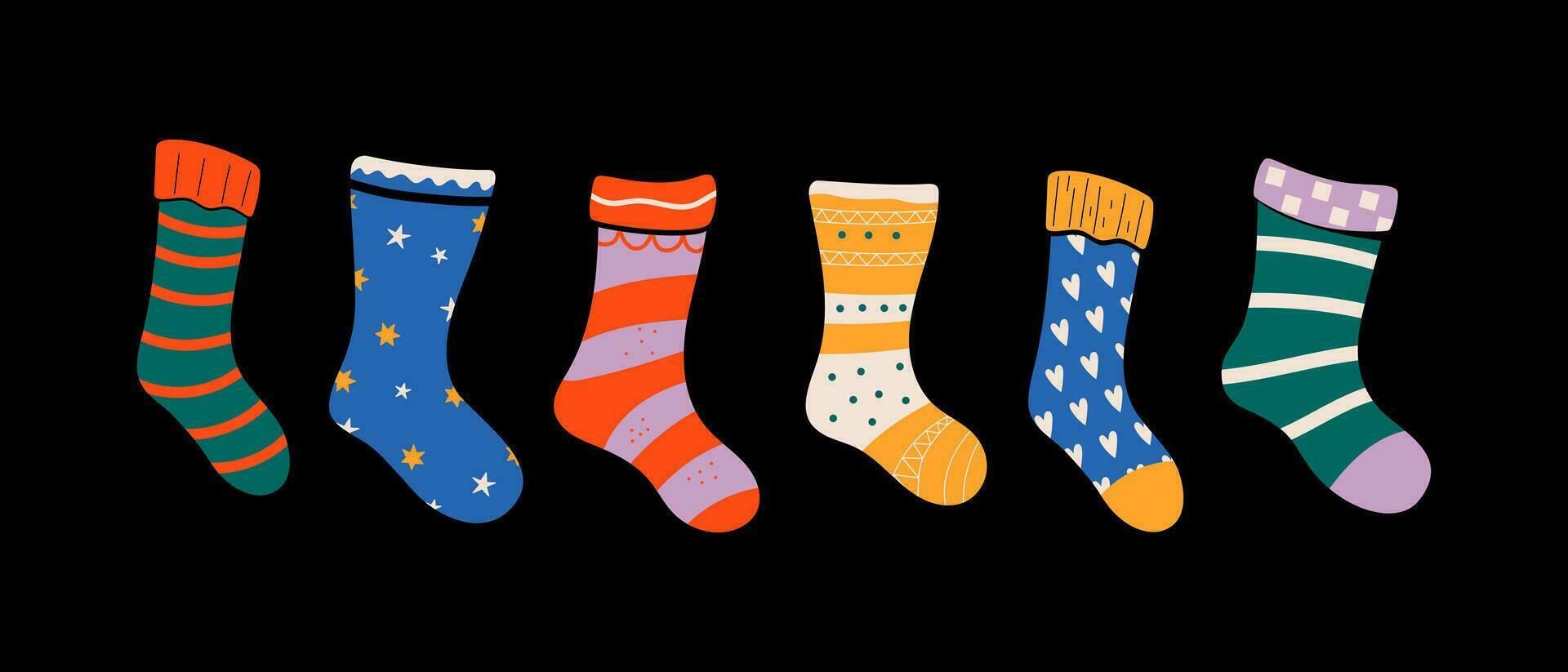 einstellen von bunt Socken mit herrlich Muster und Texturen. Vektor Illustrationen.