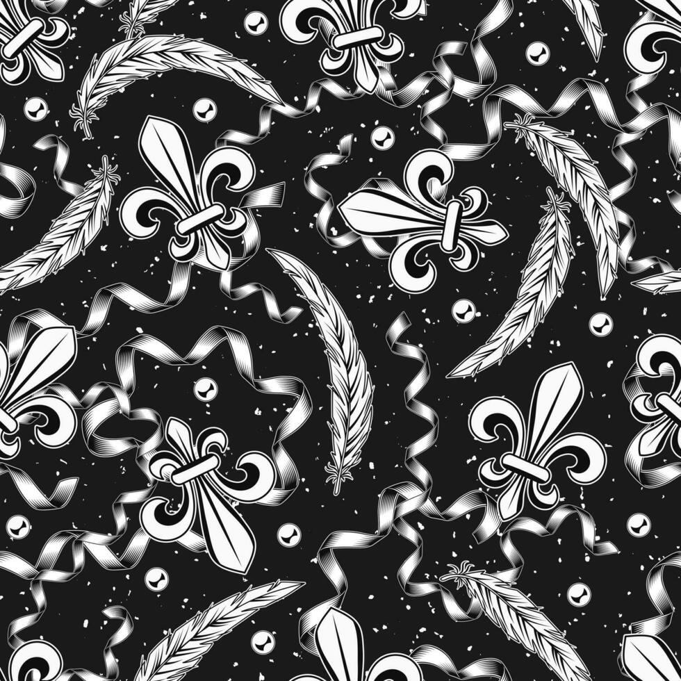 sömlös svart och vit mönster med fleur de lis, fest banderoll, band, fjädrar, pärlor. mardi gras karneval design. årgång illustration på svart texturerad bakgrund. vektor
