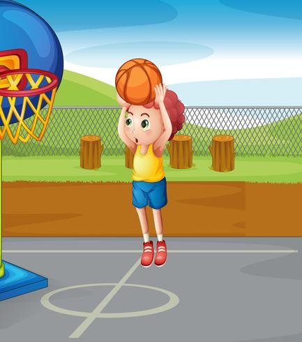 Liten pojke skjuter basket vektor