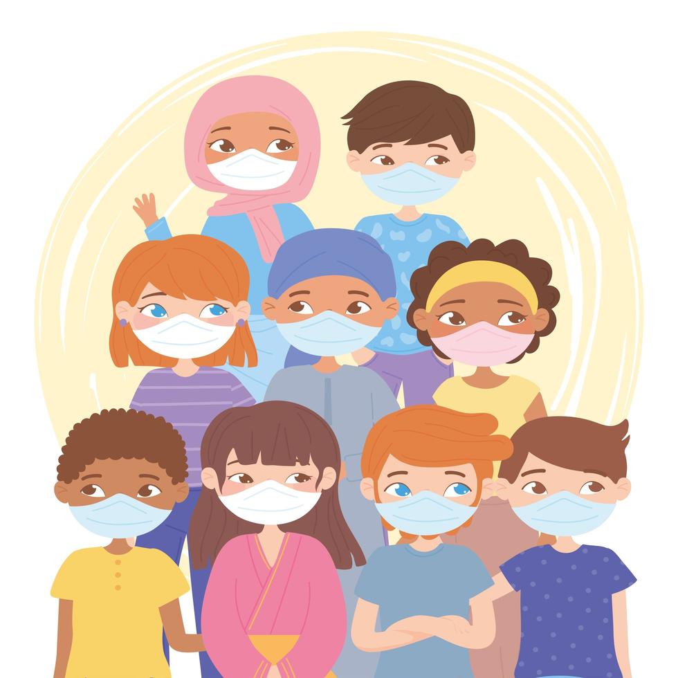 olika människor som bär ansiktsmasker under covid 19-pandemin vektor