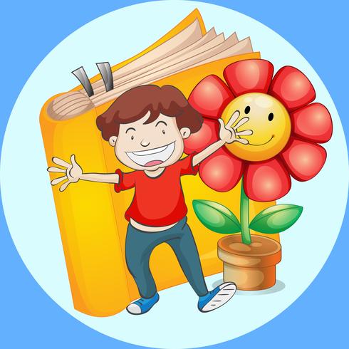 Glad pojke med bok och blomma bakgrund vektor