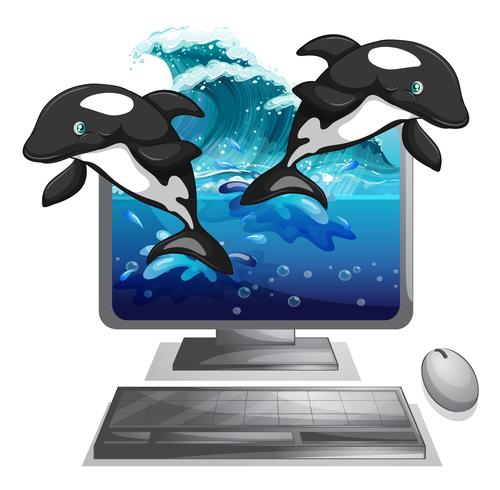 Zwei Delphine springen aus dem Computerbildschirm heraus vektor
