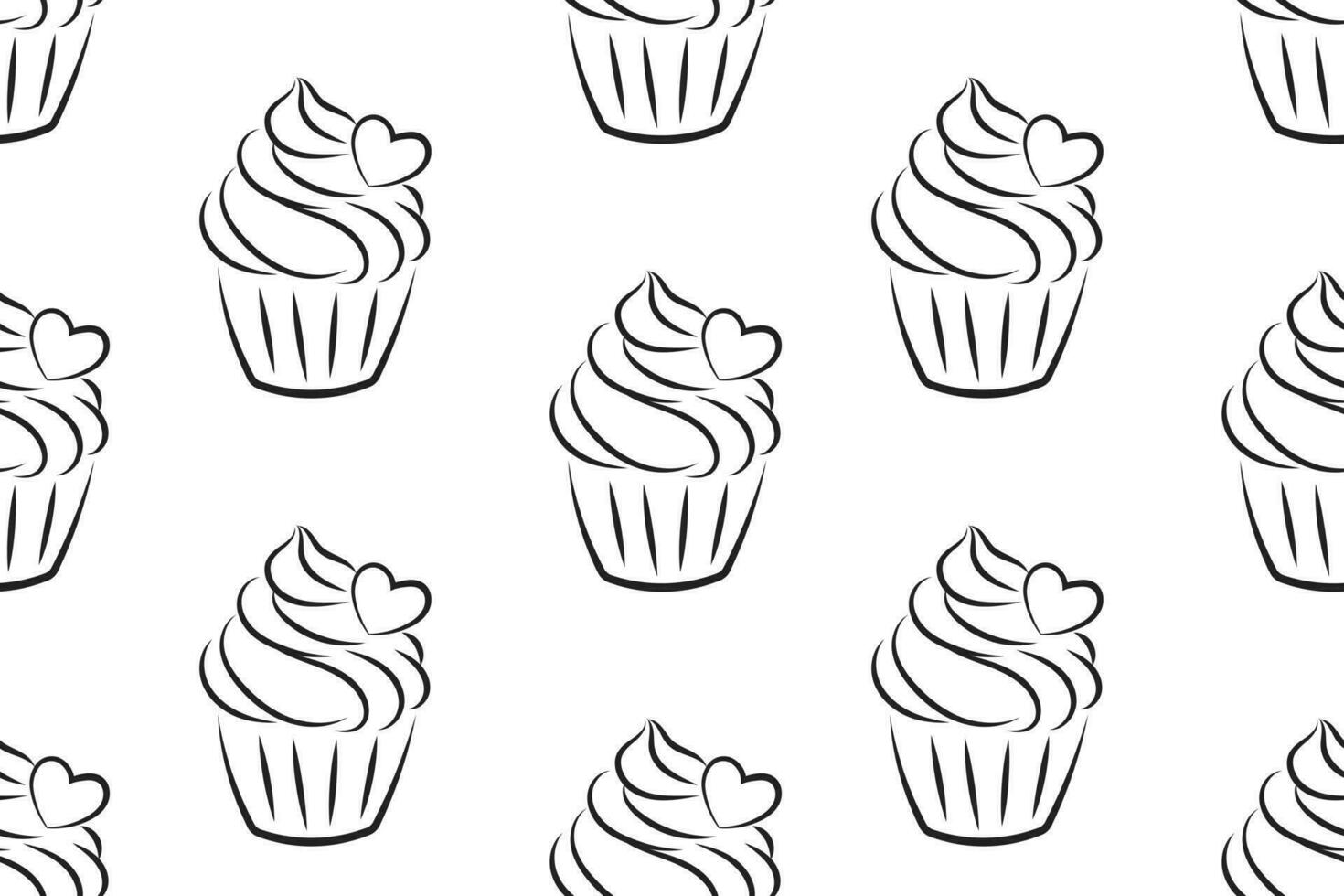 sömlös mönster, linjär silhuetter av cupcakes, linje konst på en vit bakgrund. ljuv desserter. mat bakgrund, vektor