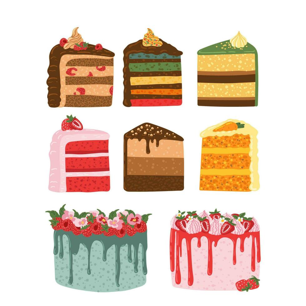 einstellen von Geburtstag Kuchen Scheibe, Himbeere und Erdbeere Mousse Kuchen Aufkleber Sammlung Vektor Abbildung. glücklich Geburtstag Party Vektor Elemente