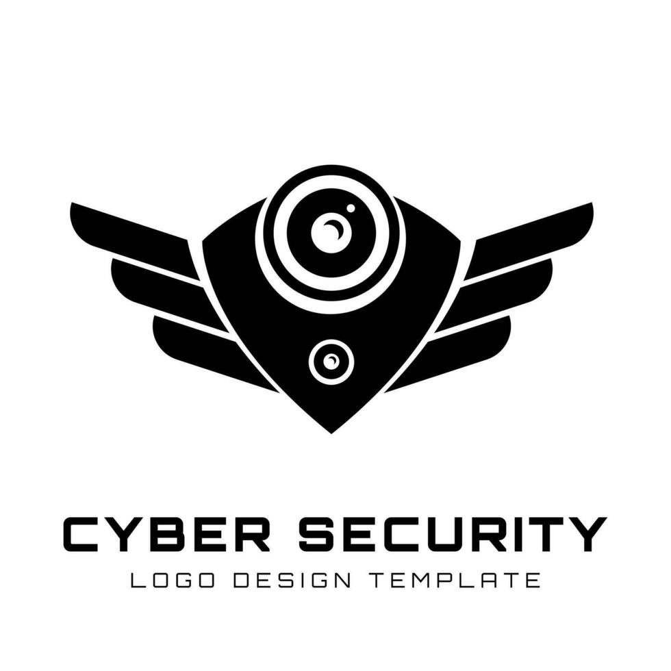 Illustration Vektor Grafik Logo Design von Schild, Flügel und cctv Kamera. geeignet zum Cyber Sicherheit Dienstleistungen.