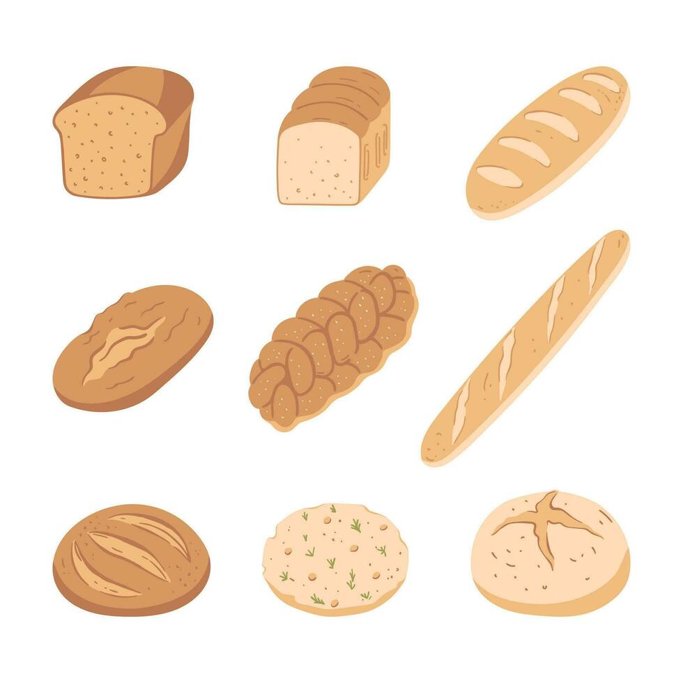 uppsättning av hand dragen typer av bröd. enkel illustration isolerat på vit bakgrund. design element för märka, meny, bageri vektor