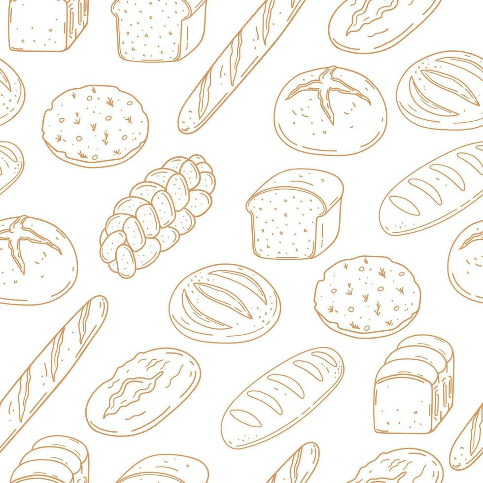 hand dragen sömlös mönster med annorlunda typ av bröd. bakad varor bakgrund. design för bageri, Hem textil- vektor