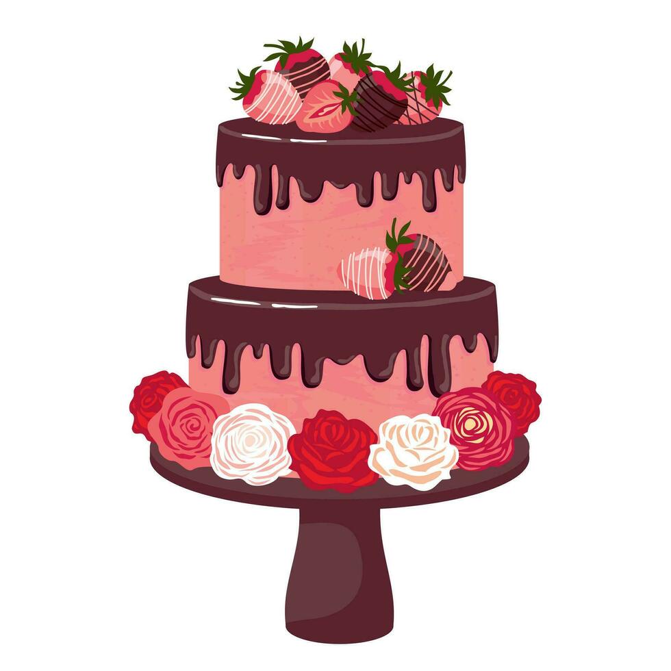 Erdbeere Kuchen mit Schokolade und Rosen. ein zweistöckig Kuchen mit Erdbeeren auf ein Stand. illustriert Vektor Clip Art.