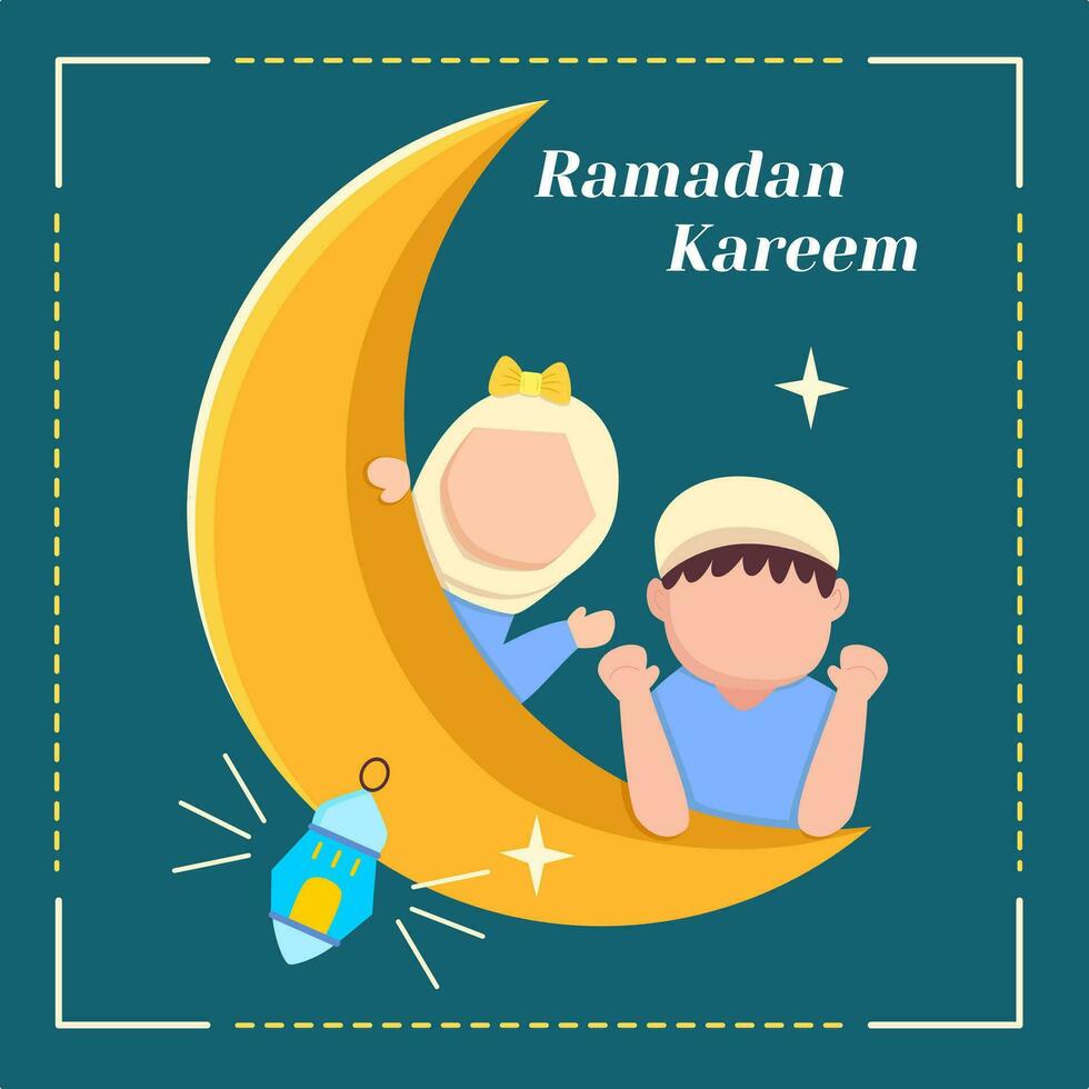 ramadan kareem, islamic hälsning kort design med Lycklig muslim ungar, lykta, och måne. för affisch, media baner, flygblad, social media. vektor