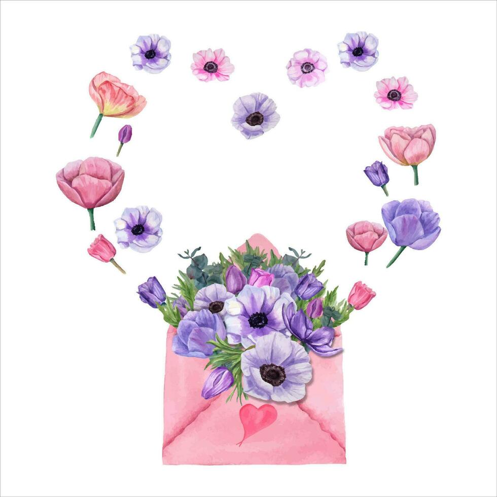 Aquarell Strauß von Anemone fliegend von Rosa Umschlag. Blumen- Komposition im gestalten von Herz. vektor