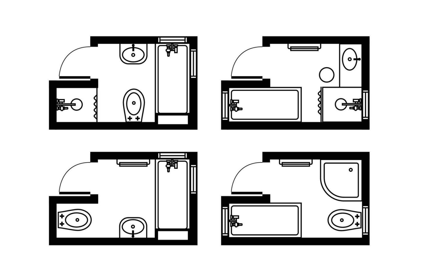 architektonisch Pläne zum Badezimmer, Studios und Häuser. Innere Fußboden planen und Design Elemente zum Toilette, Waschbecken, Badewanne und Dusche vektor