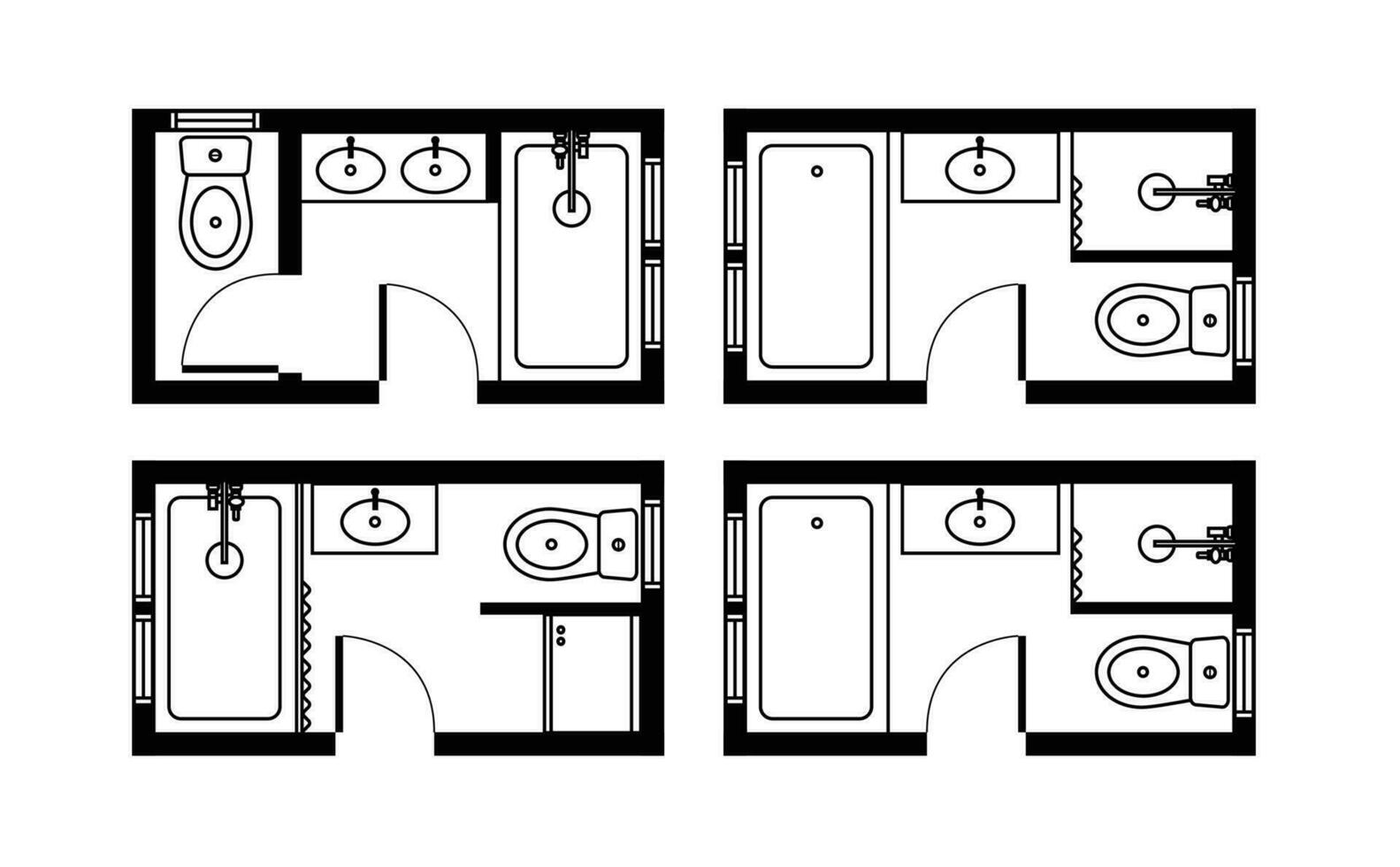 arkitektonisk planer för badrum, studior och hus. interiör golv planen och design element för toalett, handfat, badkar och dusch vektor