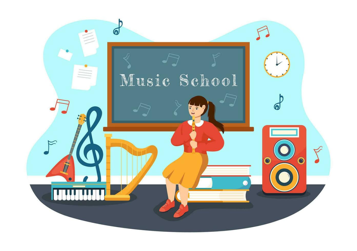 musik skola vektor illustration med spelar olika musikalisk instrument, inlärning utbildning musiker och sångare i platt barn tecknad serie bakgrund