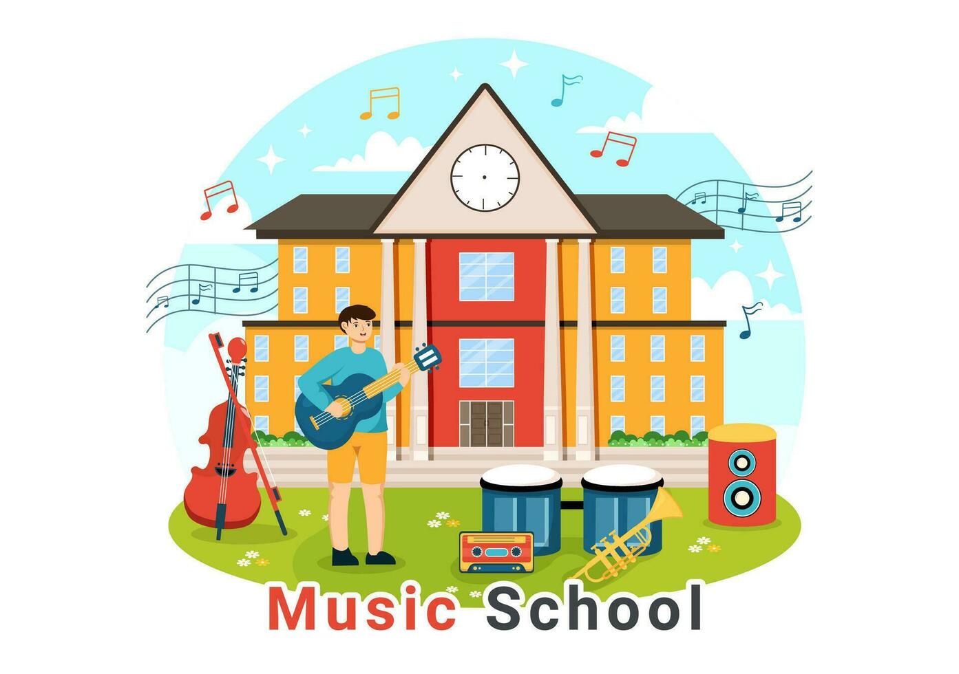 musik skola vektor illustration med spelar olika musikalisk instrument, inlärning utbildning musiker och sångare i platt barn tecknad serie bakgrund