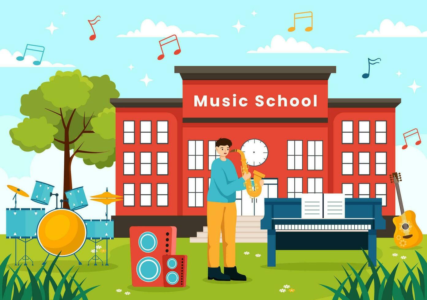 musik skola vektor illustration med spelar olika musikalisk instrument, inlärning utbildning musiker och sångare i platt barn tecknad serie bakgrund