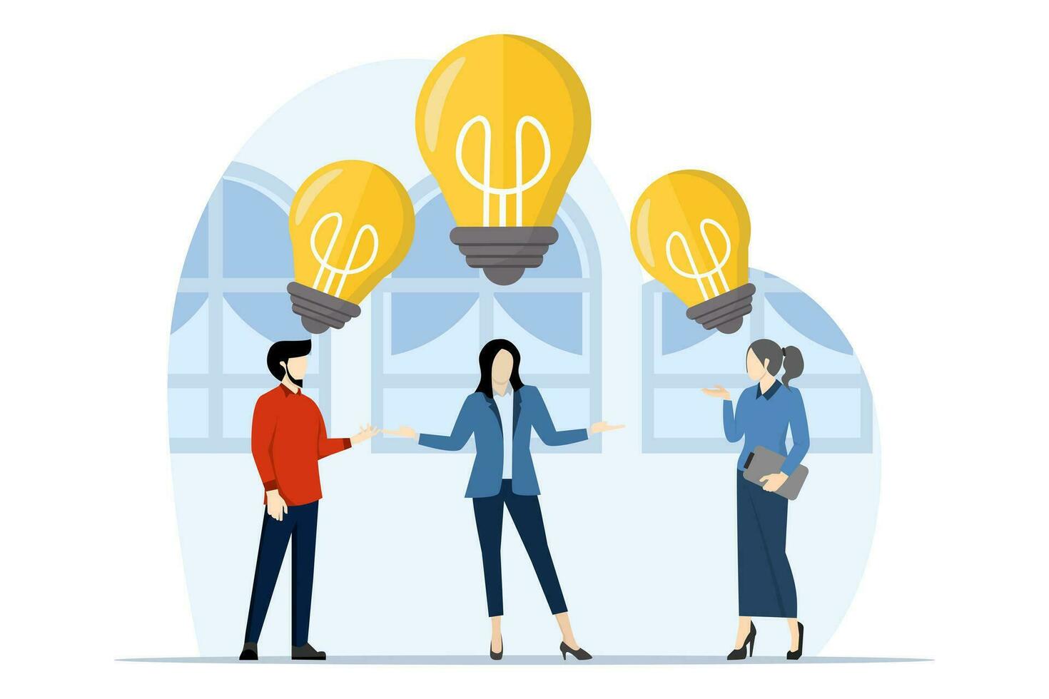 smart affärsman teaming upp med kontor arbetare till dela med sig ljus Glödlampa idéer. delning företag idéer, lagarbete eller människor tänkande handla om de samma aning begrepp, samarbete möte, delning kunskap. vektor