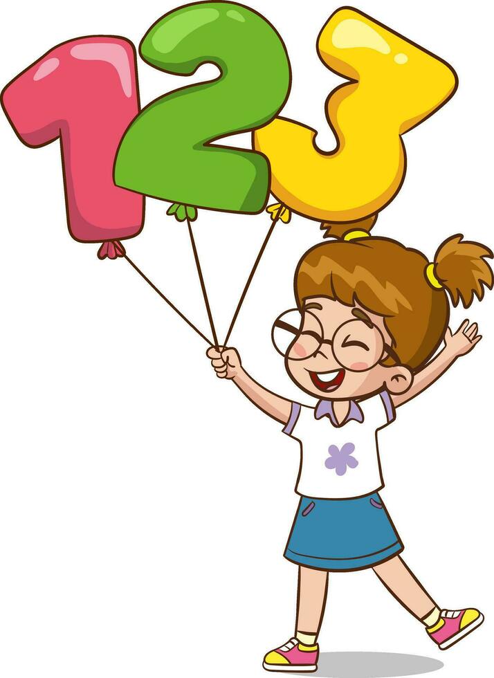tecknad serie vektor illustration av pojke innehav färgrik ballong med 123 siffra