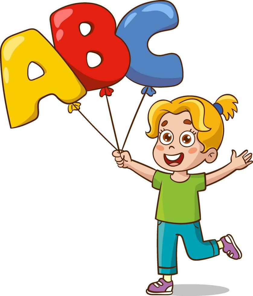 Karikatur Vektor Illustration von Junge halten bunt Ballon mit ABC Brief