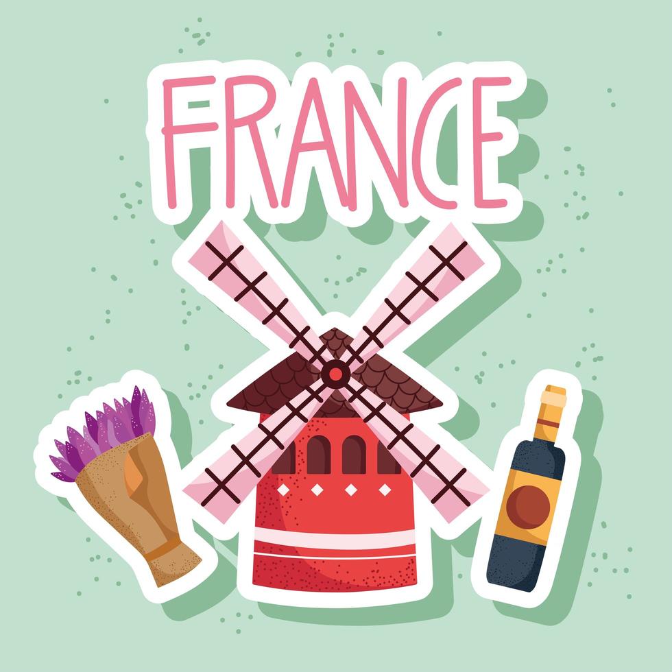 Frankrike väderkvarn och vin vektor