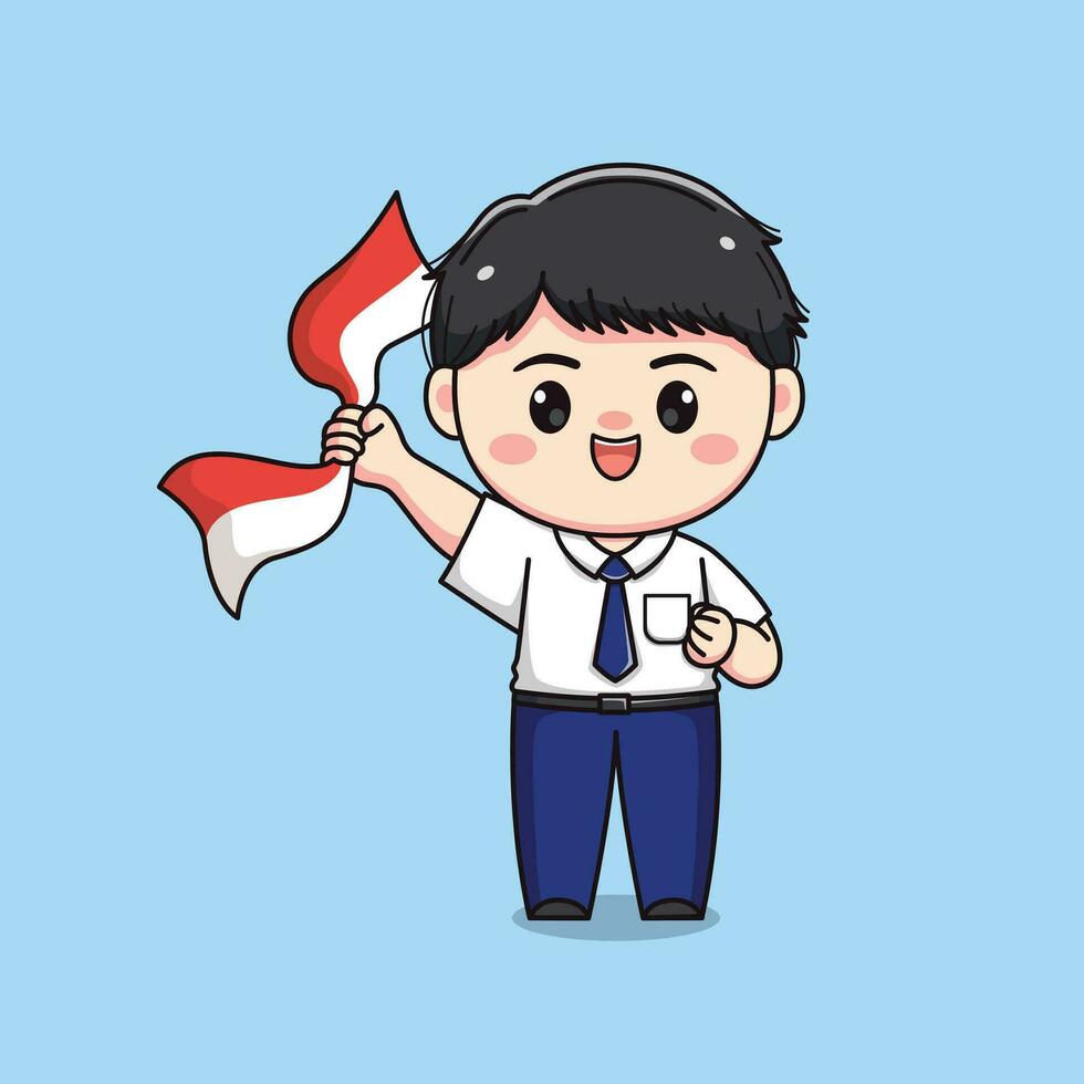 indonesisch Schüler Mitte Schule halten Flagge süß kawaii Junge Charakter vektor