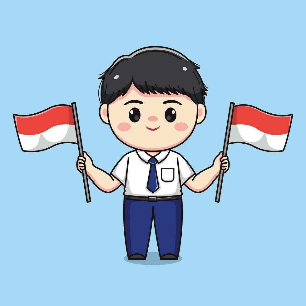 indonesisch Schüler Mitte Schule halten Flagge süß kawaii Junge Charakter vektor