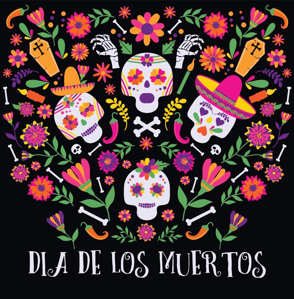 Tag der Toten, Dia de los Muertos, Banner mit bunten mexikanischen Blumen und Symbolen. Fiesta, Urlaubsplakat, Partyflyer, lustige Grußkarte vektor