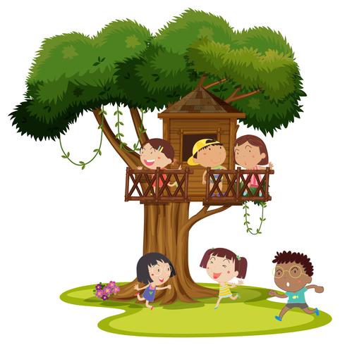 Viele Kinder spielen im Baumhaus vektor