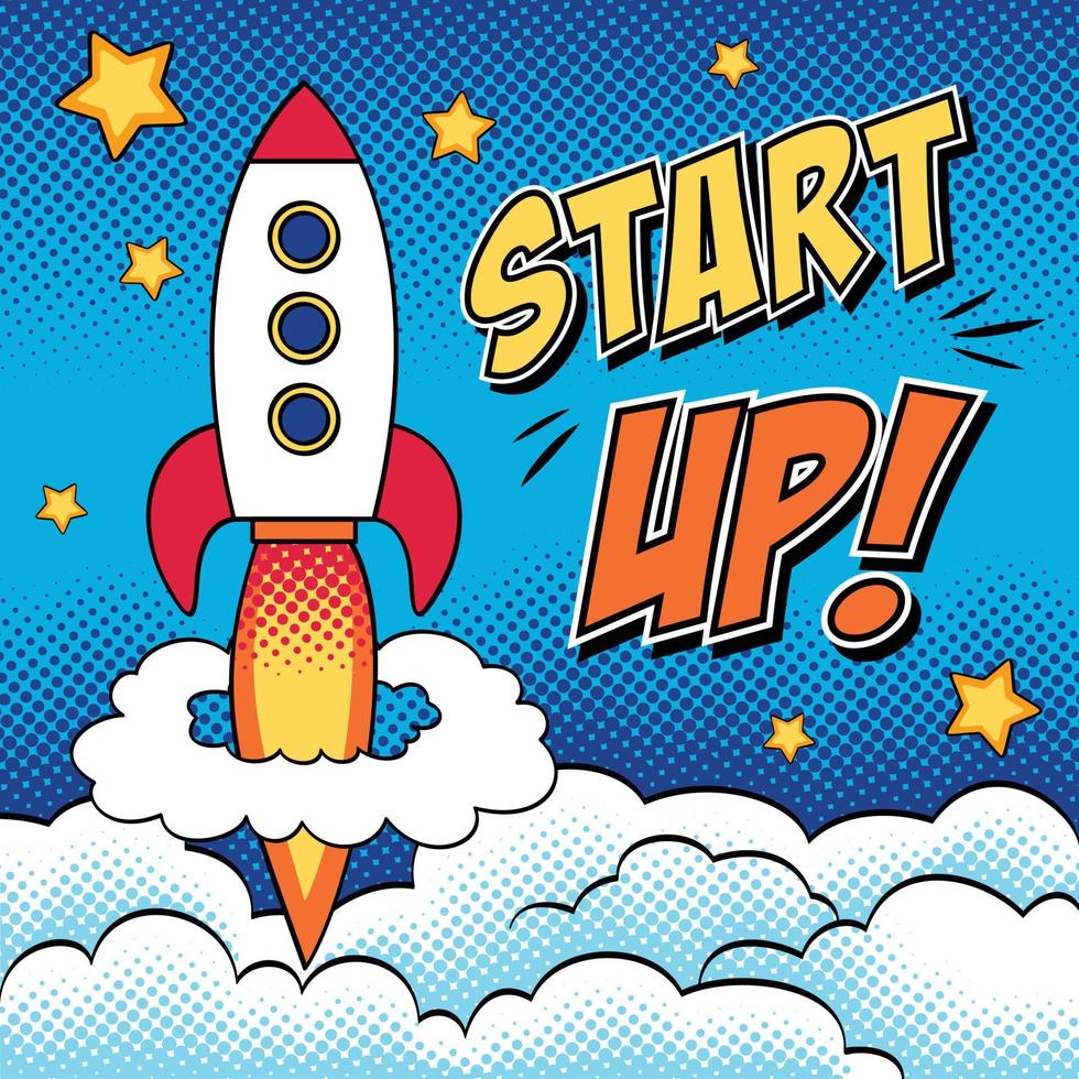 Comic-Illustration des Start-up-Konzepts mit einer Rakete im Pop-Art-Stil vektor