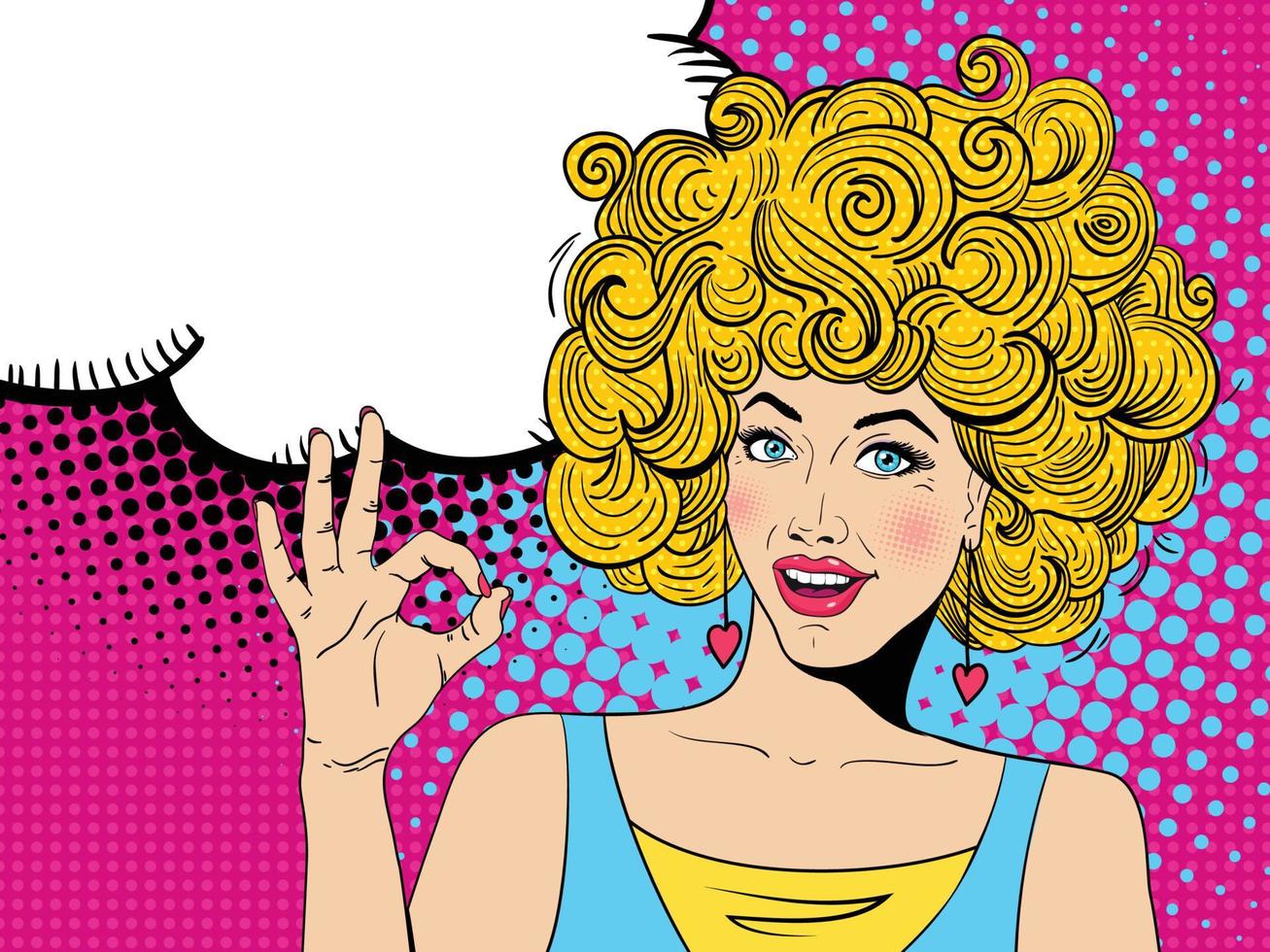 junge sexy glückliche überraschte blonde Frau mit offenem Mund zeigt ok Zeichen und Sprechblase. Vektor handgezeichneten bunten Hintergrund im Retro-Comic-Stil der Pop-Art.