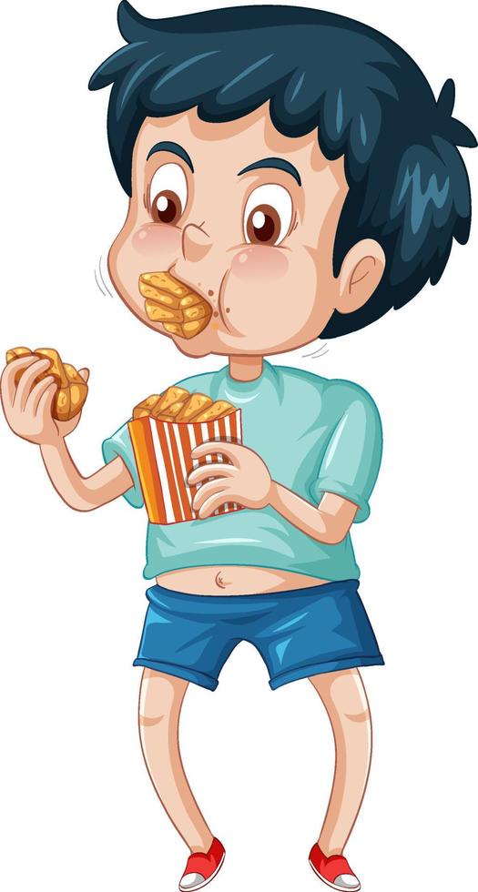 en pojke som äter snabbmat på en vit bakgrund vektor