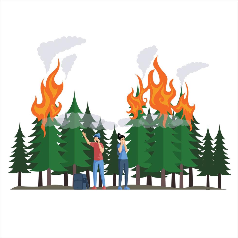 verängstigte Camper während des Feuerwaldes flache Illustration Naturkatastrophe brennenden Wald vektor