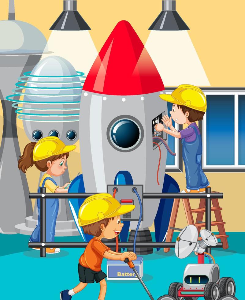 scen med barn som reparerar raket tillsammans vektor