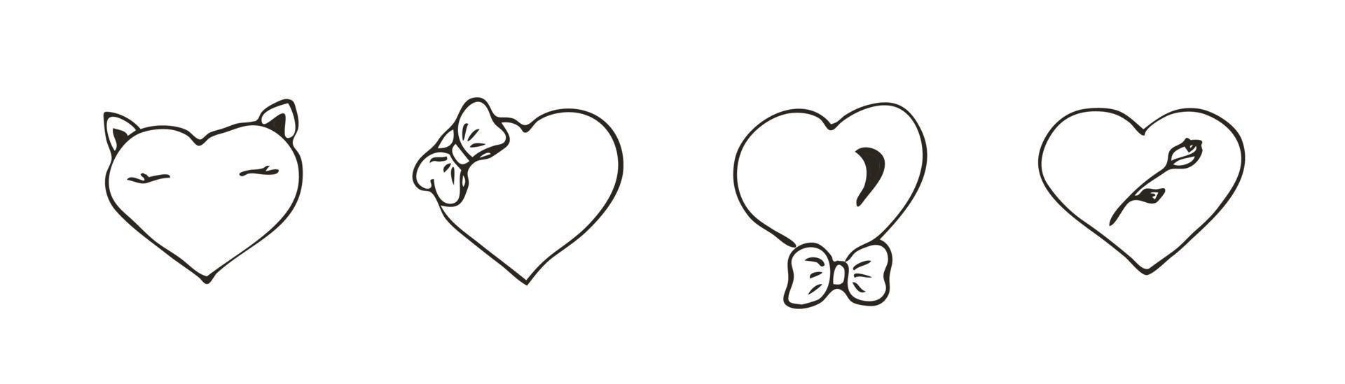 uppsättning doodle hjärta ikon. kärlekssymbol med rosett och rosett. söt handritad vektorgrafisk illustration isolerad på vit bakgrund. enkel kontur stil tecken. konst skiss mönster vektor