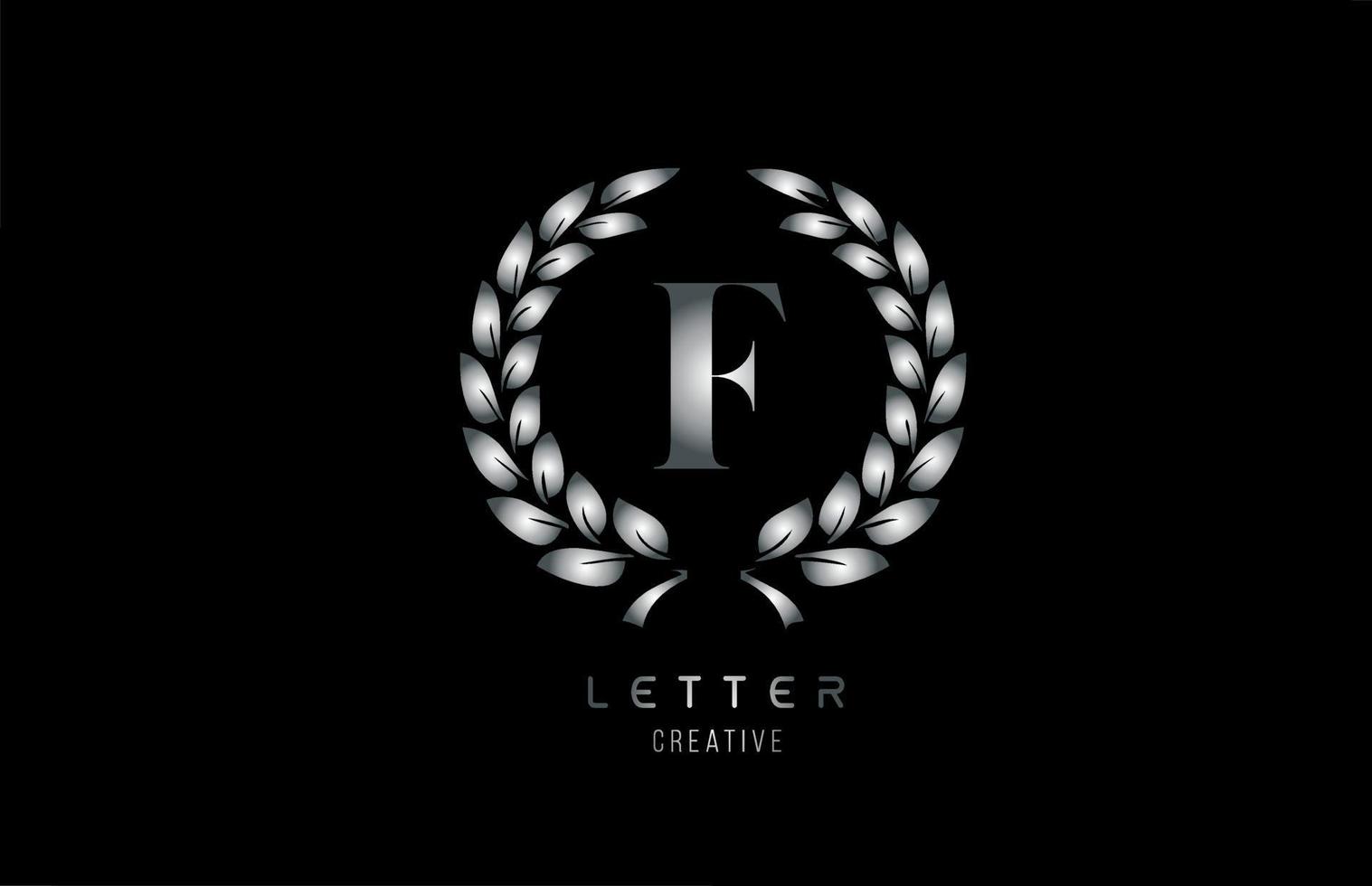 silvergrå metall f alfabetet brev logotyp ikon med blommönster för företag och företag vektor